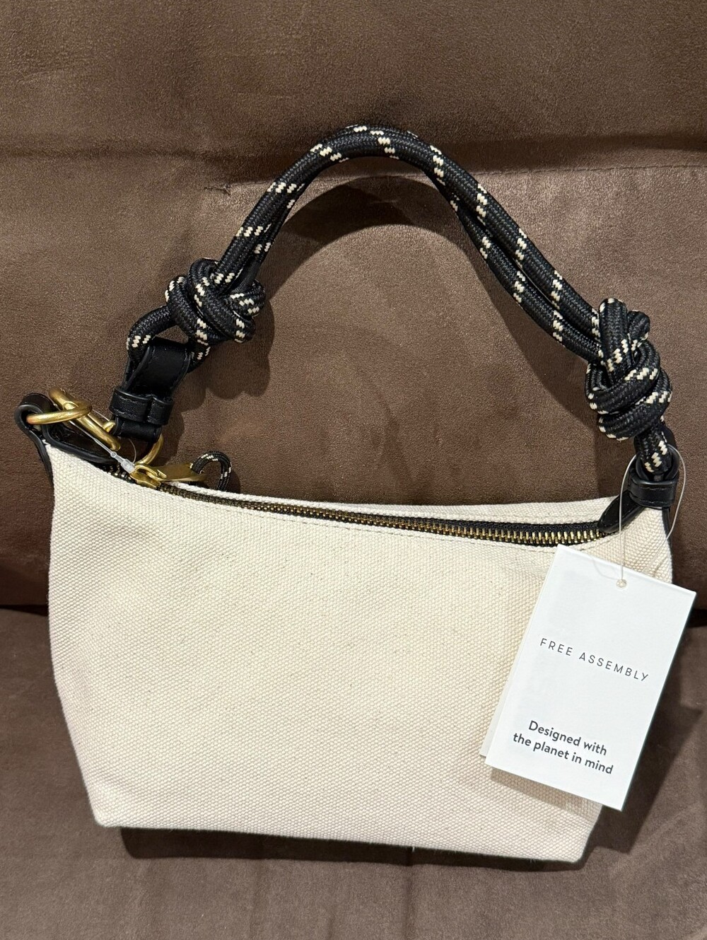 Free Assembly Cream Canvas Top-Handle Bag with Knotted Rope Strap